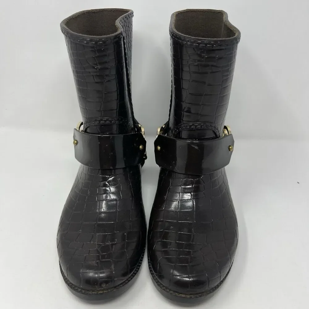 Michael Kors Rain Booties Dark Brown Croc Embossed Equestrian Rubber Rainboot S7